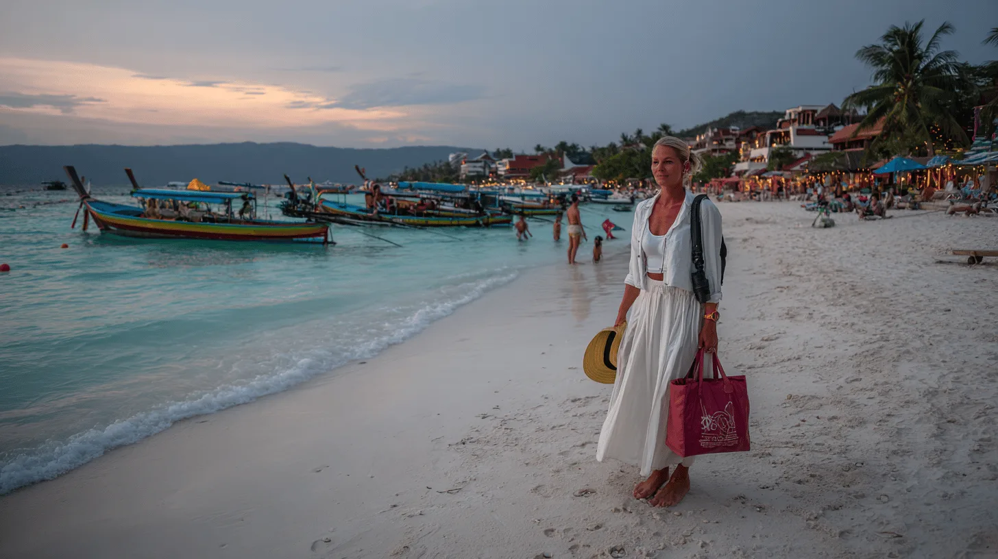 Midcent: En kvinna promenerar längs en solnedgångsbelyst strand med traditionella båtar i bakgrunden. Perfekt för avkoppling och semesterupplevelser. Kategorin är Resa.