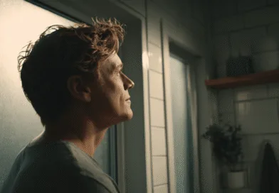 Midcent: En medelålders man står på vågen i ett modernt badrum. Solig miljö med växter och stora fönster. Fokus på hälsa och välbefinnande. Hälsa.