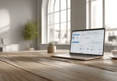 Midcent presenterar en arbetsmiljö för modern teknik och fjärrarbete. En bärbar dator visar analysdata på ett träbord, omringad av växter och en kopp kaffe i ett ljust kontorsutrymme. Teknik.