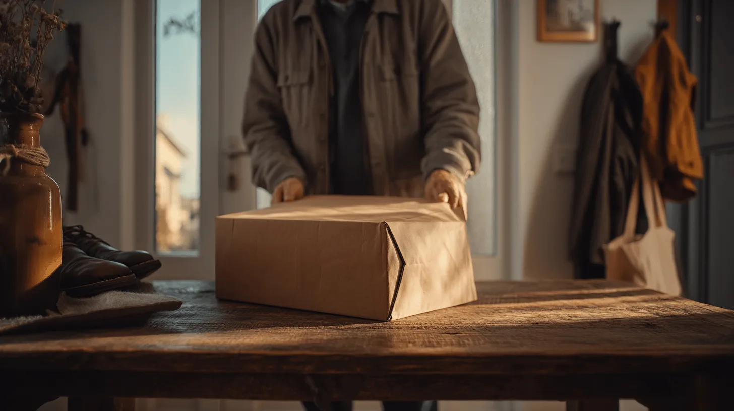 Midcent: En medelålders man packar ett paket på ett rustikt träbord i ett välbelyst rum. Perfekt belysning framhäver detaljerna och skapar en harmonisk atmosfär. Ekonomi.