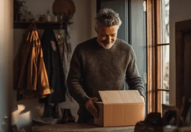 Midcent: En medelålders man öppnar en kartong i ett solbelyst rum, omgiven av jackor och stövlar. Varm och hemtrevlig atmosfär med fokus på enkel livsstil och hem. Kategori: Samhälle.