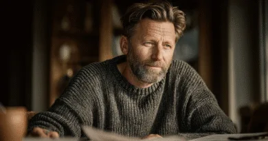 Midcent: En medelålders man sitter vid ett bord i ett varmt, rustikt rum som för tankarna till en avslappnande atmosfär. Hans eftertänksamma uttryck och stickade tröja ger bilden en hemtrevlig känsla. Kategori: Samhälle.