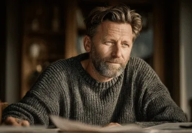 Midcent: En medelålders man sitter vid ett bord i ett varmt, rustikt rum som för tankarna till en avslappnande atmosfär. Hans eftertänksamma uttryck och stickade tröja ger bilden en hemtrevlig känsla. Kategori: Samhälle.