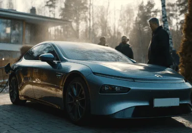 Midcent presenteras ett elegant elektriskt fordon som laddas utomhus, med en medelålders man på sidan. Innovativ teknik och hållbarhet harmonierar här. Teknik.