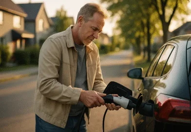 En medelålders man laddar en elbil i en urban miljö, vilket illustrerar övergången till hållbar teknik. Bilden föreställer enkelhet och modern livsstil.Midcent: Teknik.