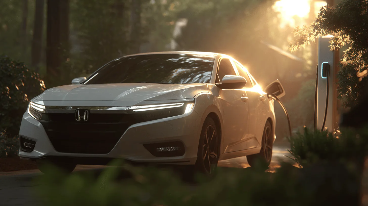 Midcent: En vit, modern elbil laddas i en naturskön miljö, omgiven av grönska och morgonsolens strålar. Energieffektivitet och hållbarhet i fokus. Teknik.