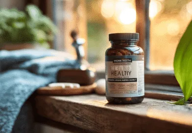 Midcent: Kosttillskott för män placerat på ett fönsterbräde i ett harmoniskt, naturligt ljus. Produkten främjar hälsa och vitalitet samt symboliserar välbefinnande och balanserad livsstil. Kategori: Hälsa.