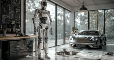 I bilden syns en futuristisk robot av metall bredvid en sportbil i ett designstudio. Ritningar och verktyg framhäver en