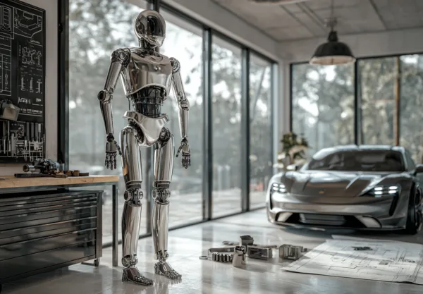 I bilden syns en futuristisk robot av metall bredvid en sportbil i ett designstudio. Ritningar och verktyg framhäver en