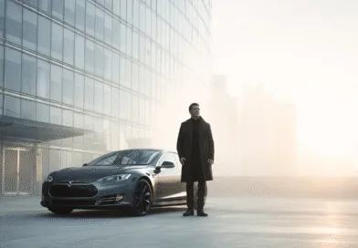 Midcent: En medelålders man står bredvid en modern elbil framför en glasbyggnad i staden. Tidlös design och innovation kombineras på ett elegant sätt i urbana miljöer. Teknik.