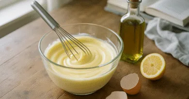 Midcent: En krämig hemmagjord majonnäs i en skål med visp visas bredvid äggskal, olja och citron på ett rustikt träbord. Perfekt för matälskare och hemkockar. Kategori: Mat.