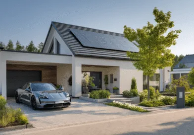 Midcent: En modern villa med solpaneler och elbil understryker hållbar livsstil och miljövänlig teknik. Perfekt boende för framtidens gröna generation. Teknik.