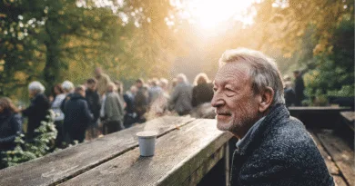 Midcent: En medelålders man njuter av en kaffepaus i en grönskande park omgiven av andra människor i mjukt morgonljus. Kategorin passar inom Samhälle.