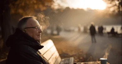 Midcent: En medelålders man sitter på en parkbänk i höstsolen med en varmdryck, omgiven av dimmig, gyllene belysning och promenader vid en sjö. Harmonisk atmosfär och stillhet genomsyrar landskapet. Samhälle.