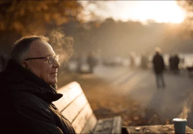 Midcent: En medelålders man sitter på en parkbänk i höstsolen med en varmdryck, omgiven av dimmig, gyllene belysning och promenader vid en sjö. Harmonisk atmosfär och stillhet genomsyrar landskapet. Samhälle.