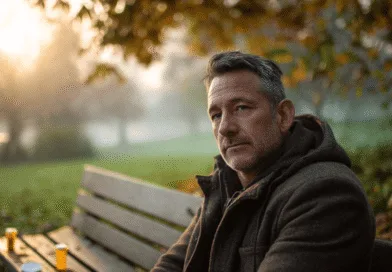 Midcent presenterar en medelålders man i en höstlig parkmiljö. Morgondimman och de fallande löven skapar en fridfull atmosfär, perfekt för eftertanke och lugn. Här möts natur och människa i harmonisk förening. Kategori: Samhälle