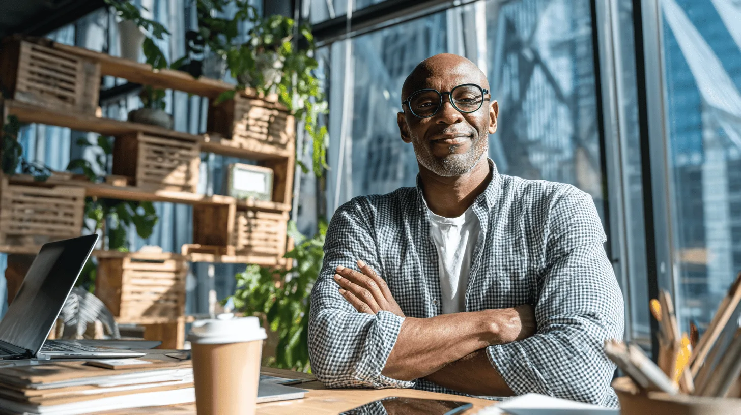 Midcent visar en medelålders man på ett modernt kontor. Han sitter avslappnat vid ett skrivbord omgivet av grönska och teknik. Inspirerande och produktiv arbetsmiljö. Passar inom kategorin: Samhälle.