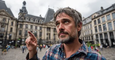 En medelålders man står framför en historisk byggnad och pekar uppåt. Det är en livlig atmosfär med flera människor i bakgrunden. Perfekt för att illustrera stadsarkitektur och kultur. Midcent. Resa.