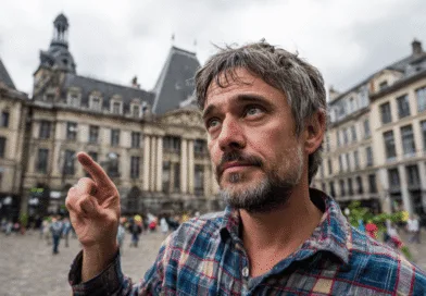 En medelålders man står framför en historisk byggnad och pekar uppåt. Det är en livlig atmosfär med flera människor i bakgrunden. Perfekt för att illustrera stadsarkitektur och kultur. Midcent. Resa.