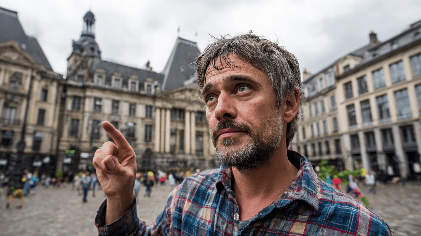 En medelålders man står framför en historisk byggnad och pekar uppåt. Det är en livlig atmosfär med flera människor i bakgrunden. Perfekt för att illustrera stadsarkitektur och kultur. Midcent. Resa.