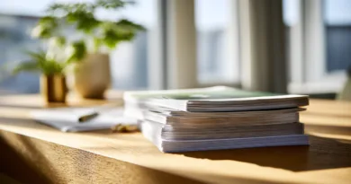 Midcent: En hög pappershögar ligger organiserat på ett solbelyst skrivbord bredvid en grön växt, vilket skapar en harmonisk och produktiv arbetsmiljö. Perfekt för kontorsliv och vardaglig inspiration. Kategori: Samhälle.