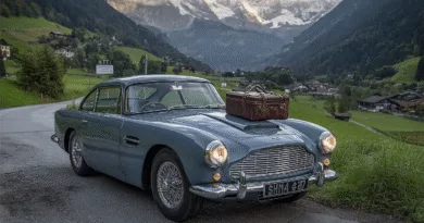Midcent: En klassisk bil, Aston Martin, står parkerad på en landsväg omgivet av alplandskap. En resväska är placerad på motorhuven. Perfekt för resenärer som söker äventyr med stil. Resa.
