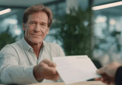 Midcent: En medelålders man lämnar över ett dokument i en kontorsmiljö, vilket symboliserar affärstransaktioner och professionellt samarbete. Fokus på kommunikation och relationer inom näringslivet. Kategorin är Ekonomi.