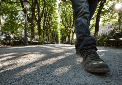 Midcent presenterar en livlig stadspromenad en sommardag med grönskande träd och uppfriskande promenadvägar. En medelålders man går längs en grusväg omgiven av parkbänkar, vilket fångar urban natur och avkoppling. Kategori: Resa
