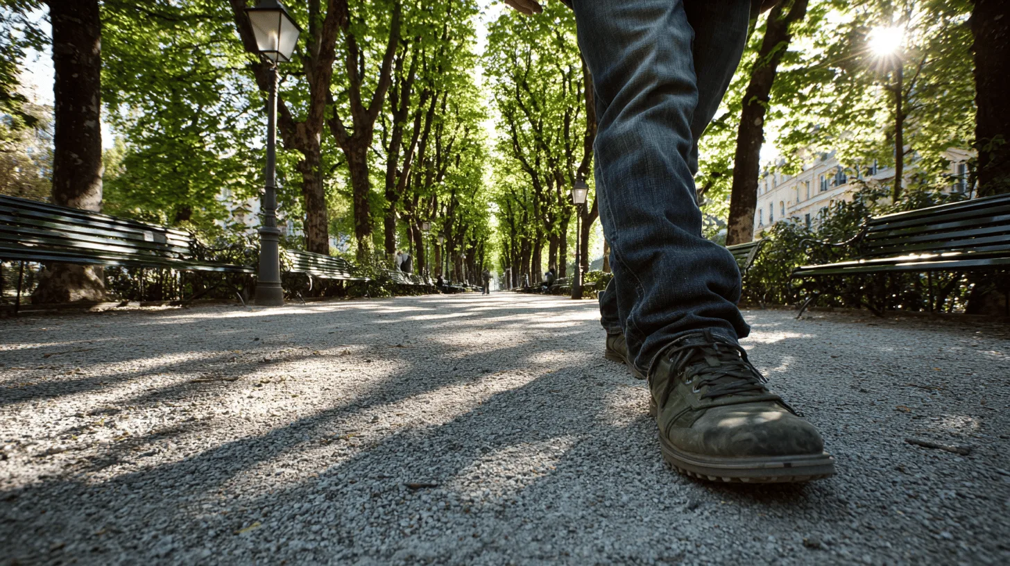 Midcent presenterar en livlig stadspromenad en sommardag med grönskande träd och uppfriskande promenadvägar. En medelålders man går längs en grusväg omgiven av parkbänkar, vilket fångar urban natur och avkoppling. Kategori: Resa