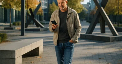 Midcent: En medelålders man promenerar utomhus med en smartphone i handen, stadsmiljö i bakgrunden, tidig höst. Kategorin: Samhälle.