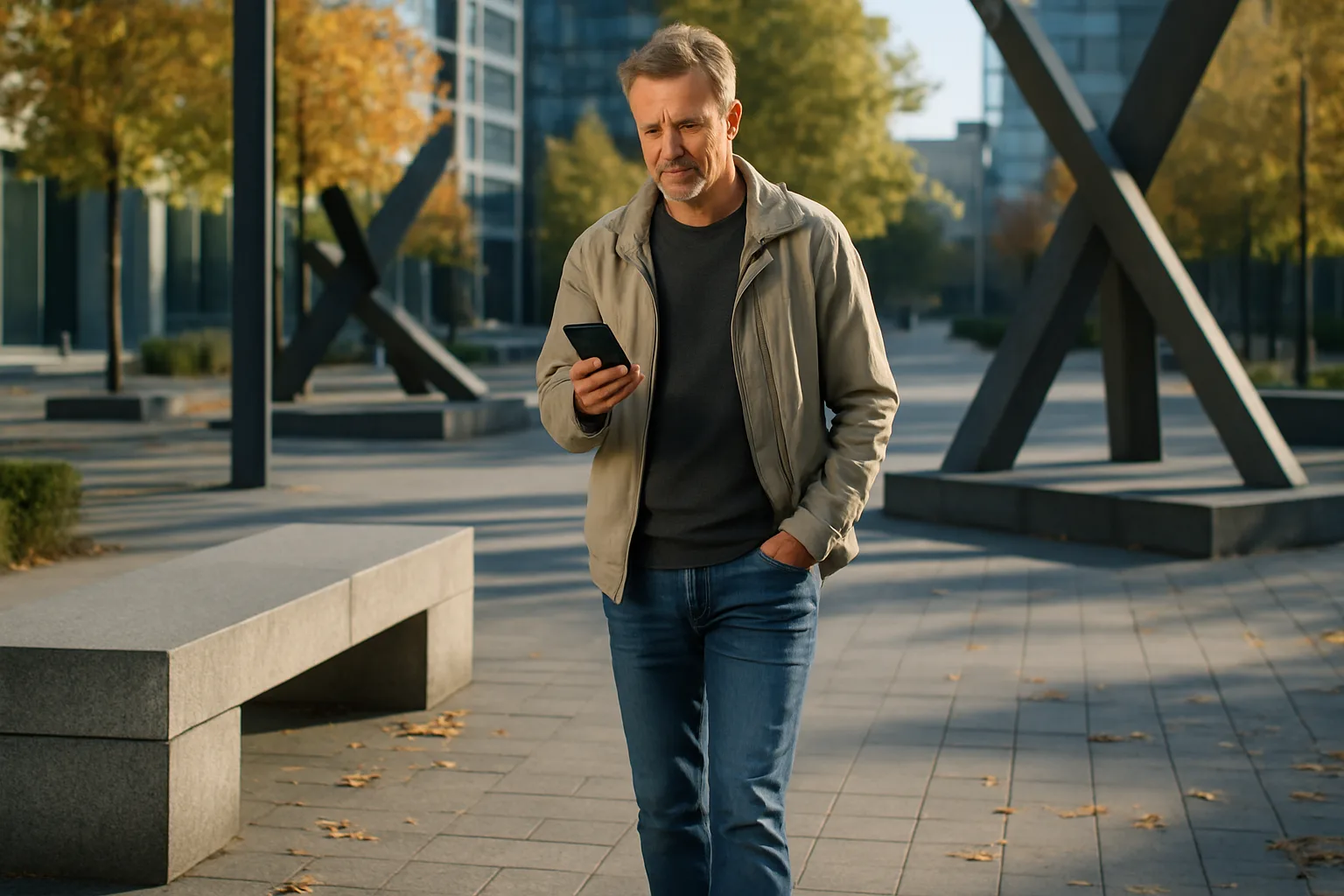 Midcent: En medelålders man promenerar utomhus med en smartphone i handen, stadsmiljö i bakgrunden, tidig höst. Kategorin: Samhälle.