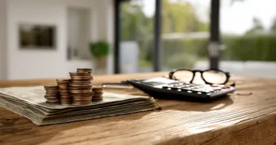 Midcent: Ekonomi. Bilden visar staplade mynt och sedlar på ett bord tillsammans med en miniräknare och glasögon i bakgrunden, vilket symboliserar sparande och ekonomisk planering. Ljusa interiörer förstärker känslan av ett modernt hemmakontor.