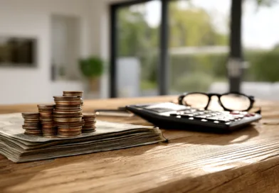 Midcent: Ekonomi. Bilden visar staplade mynt och sedlar på ett bord tillsammans med en miniräknare och glasögon i bakgrunden, vilket symboliserar sparande och ekonomisk planering. Ljusa interiörer förstärker känslan av ett modernt hemmakontor.