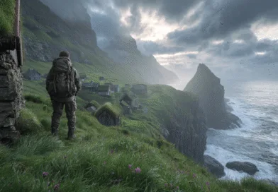 Midcent: En medelålders man beundrar en dramatisk havsutsikt från gröna klippor. Molniga himlar och små stugor framhäver det avlägsna kustlandskapet. Perfekt för natur- och äventyrsälskare.Kategori: Resa.