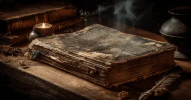 Midcent: En gammal bok med sliten pärm ligger på ett rustikt träbord, omgiven av fjäderpenna, ljus och en lerkruka, vilket skapar en mystisk och historisk atmosfär. Kategori: Underhållning.