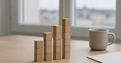 Midcent presenterar en minimalistisk kontorsmiljö med en rad trälika block staplade som ett diagram, vilket symboliserar tillväxt och framsteg. En kaffemugg och anteckningsbok kompletterar den produktiva atmosfären. Ekonomi.