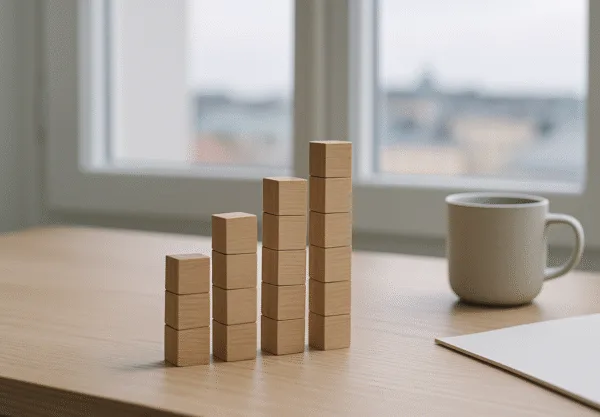 Midcent presenterar en minimalistisk kontorsmiljö med en rad trälika block staplade som ett diagram, vilket symboliserar tillväxt och framsteg. En kaffemugg och anteckningsbok kompletterar den produktiva atmosfären. Ekonomi.