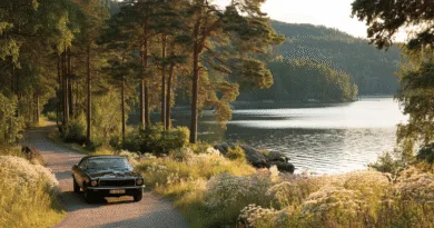 Midcent: En klassisk bil kör längs en naturskön grusväg omgiven av frodig skog och en glittrande sjö. Perfekt för att uppleva sommarens lugn och naturens skönhet. Kategori: Resa.