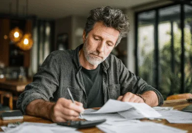 Midcent: En medelålders man granskar sina räkningar noggrant vid ett träbord i hemarbetsmiljö, omgiven av dokument och en bärbar dator. Ekonomi.