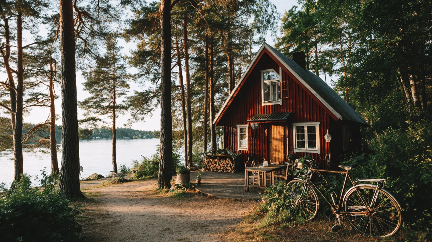 Midcent: En idyllisk svensk sommarstuga inbäddad i tät skog vid en sjö, med en cykel och vedhög på verandan. Perfekt för naturälskare och en avkopplande tillflykt från vardagens stress. Kategori: Resa.