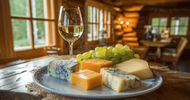 Midcent: Bilden visar ett stilfullt ostbricka med blåmögelost, cheddar och brie, kompletterad med vindruvor och ett glas vitt vin i en rustik stuga. Perfekt för avkoppling och njutning. Kategori: Mat.
