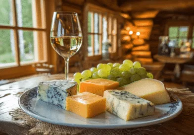 Midcent: Bilden visar ett stilfullt ostbricka med blåmögelost, cheddar och brie, kompletterad med vindruvor och ett glas vitt vin i en rustik stuga. Perfekt för avkoppling och njutning. Kategori: Mat.