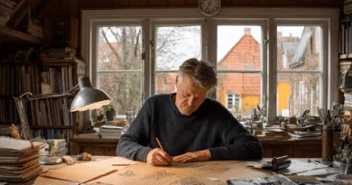 Midcent: En medelålders man arbetar fokuserat vid ett skrivbord, omgiven av konstmaterial och böcker, i ett mysigt arbetsrum med trädetaljer och utsikt över pittoreska tak. Teknik.