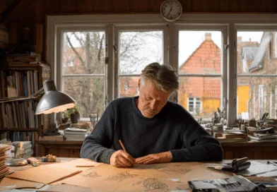 Midcent: En medelålders man arbetar fokuserat vid ett skrivbord, omgiven av konstmaterial och böcker, i ett mysigt arbetsrum med trädetaljer och utsikt över pittoreska tak. Teknik.