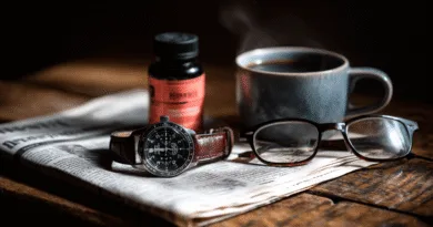 Midcent: Bilden visar en tidning, ett armbandsur, glasögon och en kaffekopp på ett rustikt träbord – en perfekt morgonritual. Kategorin är Livsstil.