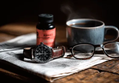 Midcent: Bilden visar en tidning, ett armbandsur, glasögon och en kaffekopp på ett rustikt träbord – en perfekt morgonritual. Kategorin är Livsstil.