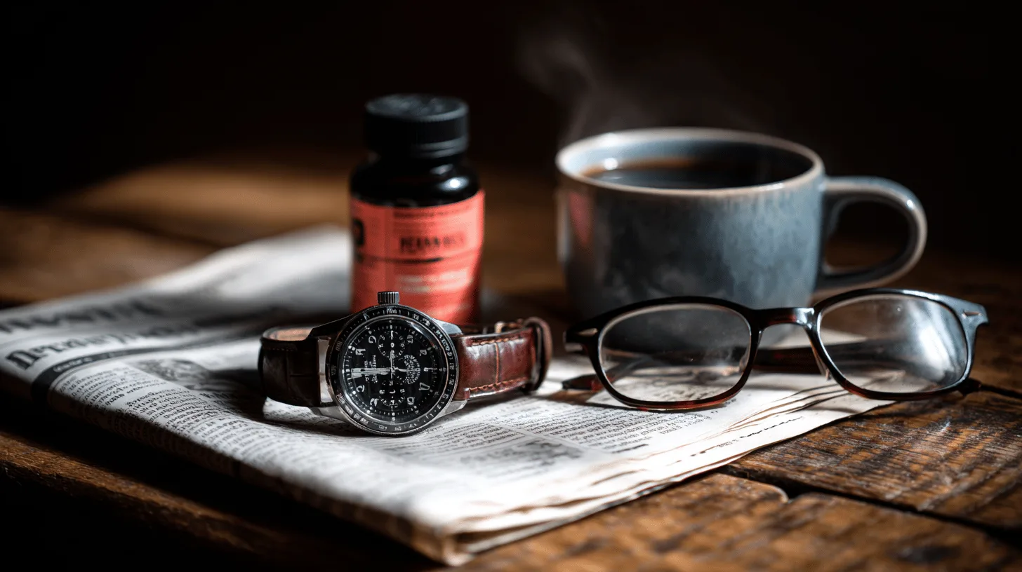 Midcent: Bilden visar en tidning, ett armbandsur, glasögon och en kaffekopp på ett rustikt träbord – en perfekt morgonritual. Kategorin är Livsstil.