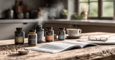 Midcent: Hälsofrämjande kosttillskott, kaffemugg, läsglasögon och en öppen bok på ett rustikt köksbord. Perfekt för en lugn stund av hälsa och avkoppling med naturinspirerad inredning. Kategori: Hälsa.