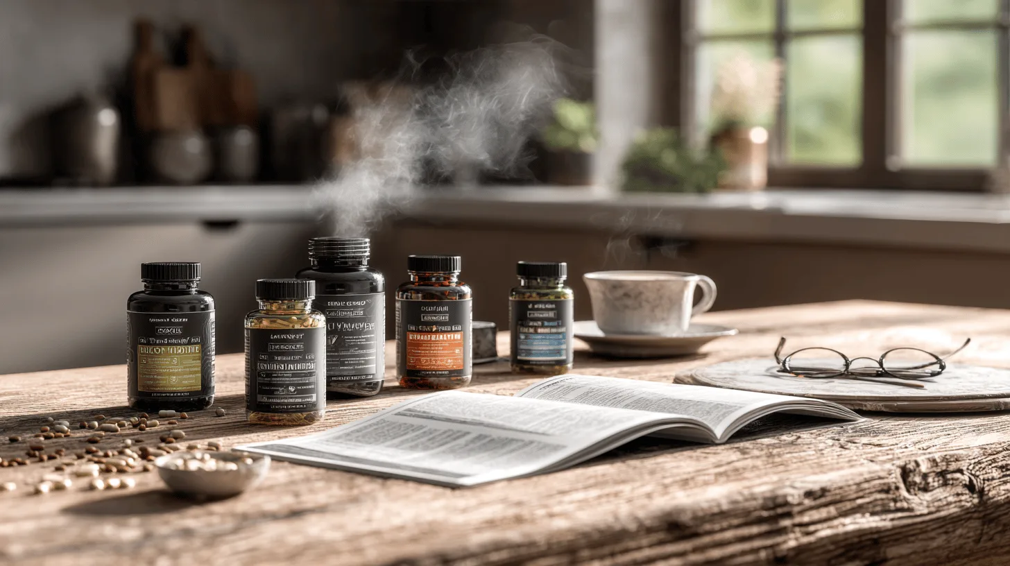Midcent: Hälsofrämjande kosttillskott, kaffemugg, läsglasögon och en öppen bok på ett rustikt köksbord. Perfekt för en lugn stund av hälsa och avkoppling med naturinspirerad inredning. Kategori: Hälsa.