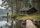 Midcent: En medelålders man fiskar vid en idyllisk sjö bredvid en rustik timmerstuga i en naturskön skogsmiljö. Perfekt för avkoppling och naturupplevelser i lugn och ro. Kategori: Resa.